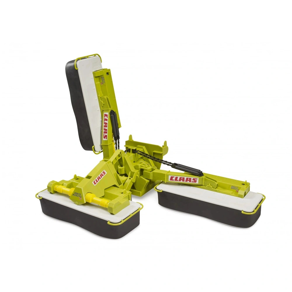 Bruder Claas Disc Mower toy in green and black, with folding side mowers and realistic detailing.