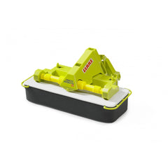 Bright green and black toy Claas disc mower with detailed features on a white background.