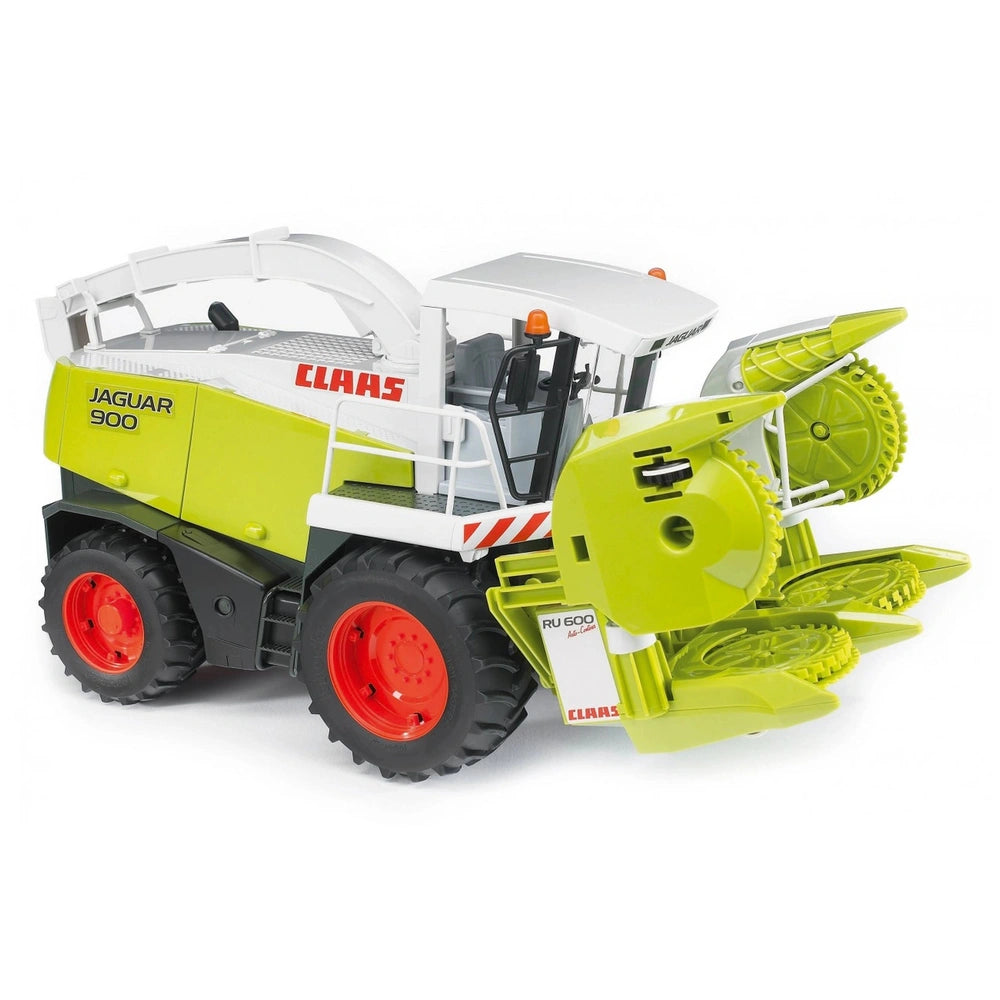 Bruder Claas Jaguar 900 toy chopper, lime green with red wheels, detailed corn header, 1:16 scale model.