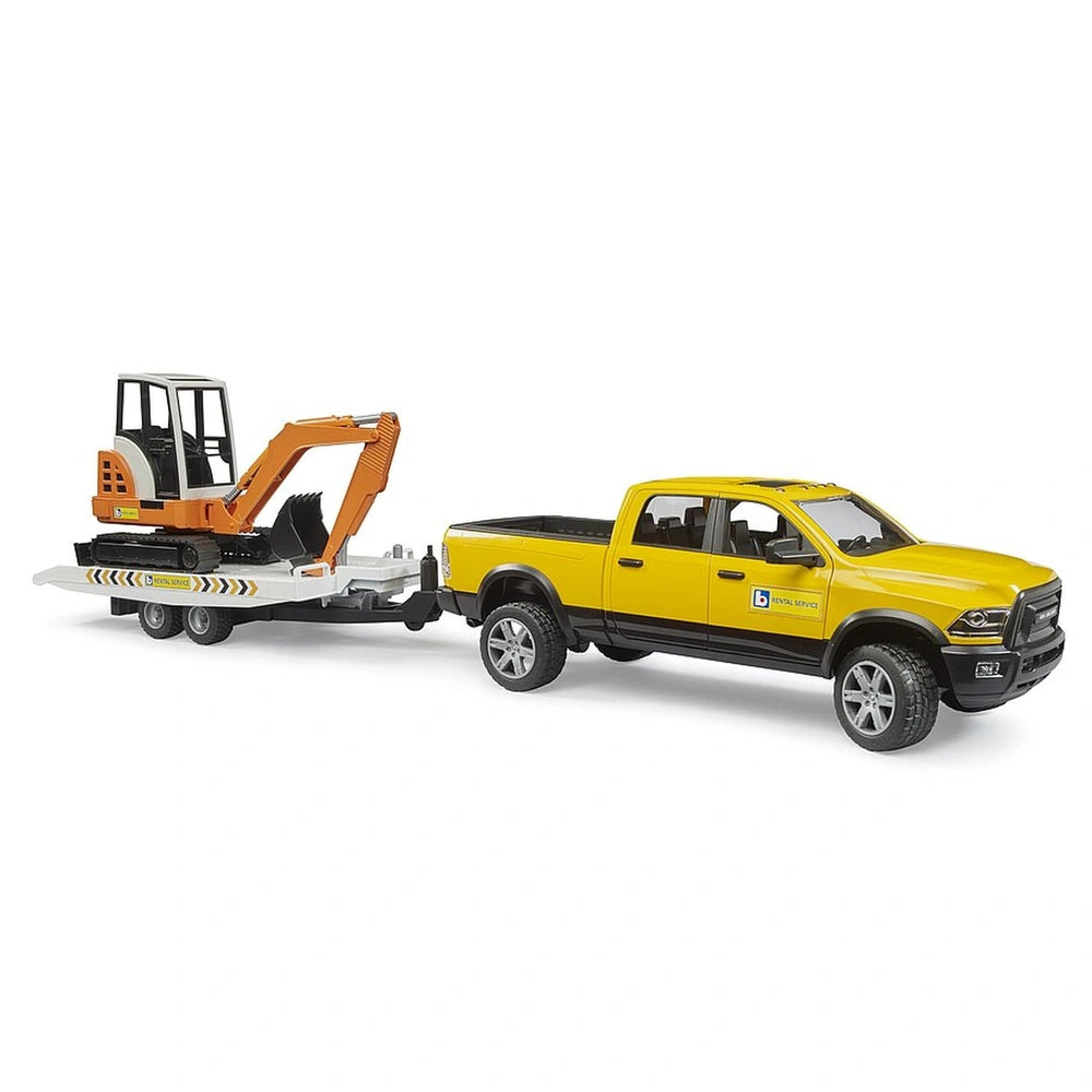 Yellow RAM truck towing an orange mini excavator on a trailer, part of Bruder Construction playset.