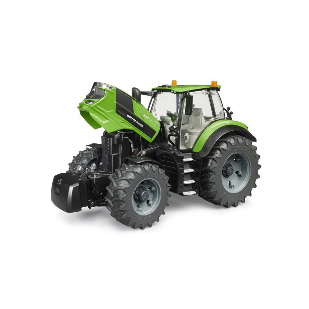 Green Bruder Deutz 8280 TTV toy tractor with large black tires and a detailed cabin, angled from the front left.