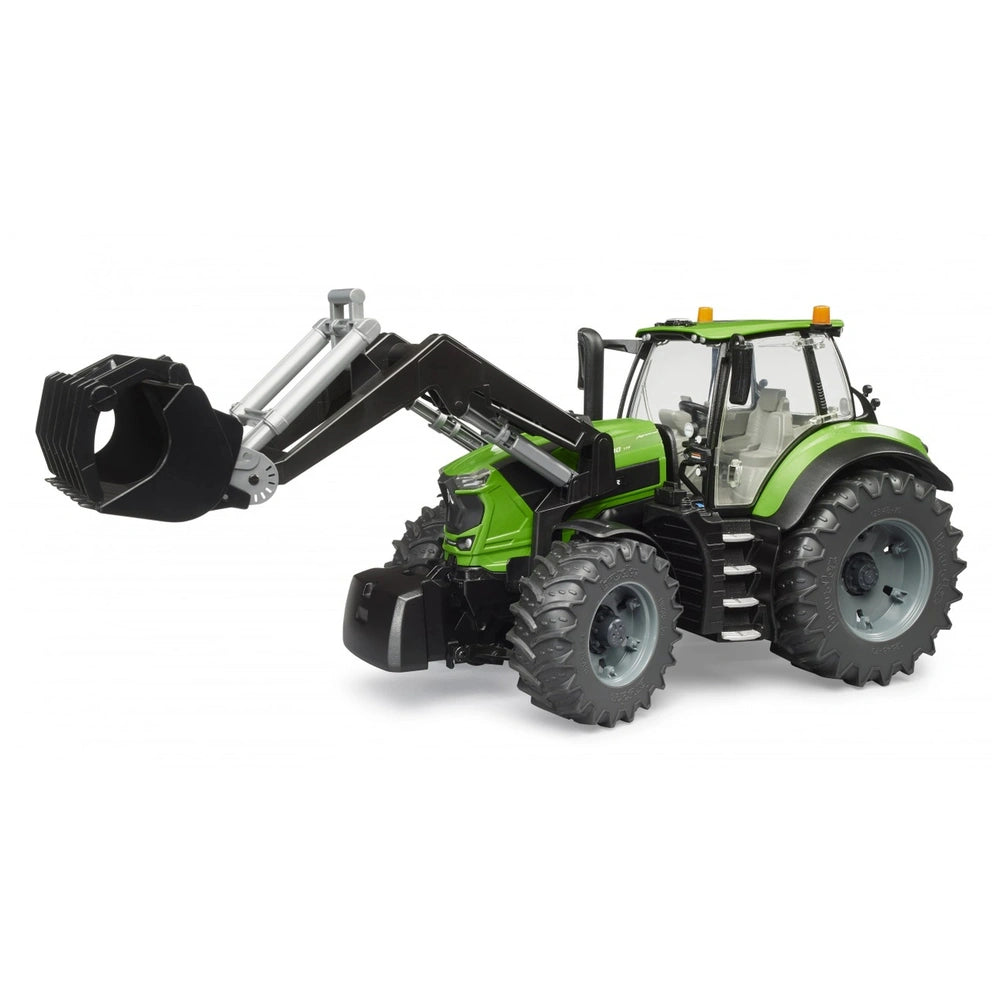 Green Bruder Deutz 8280 TTV toy tractor with frontloader, large tires, and detailed cab in 1:16 scale.
