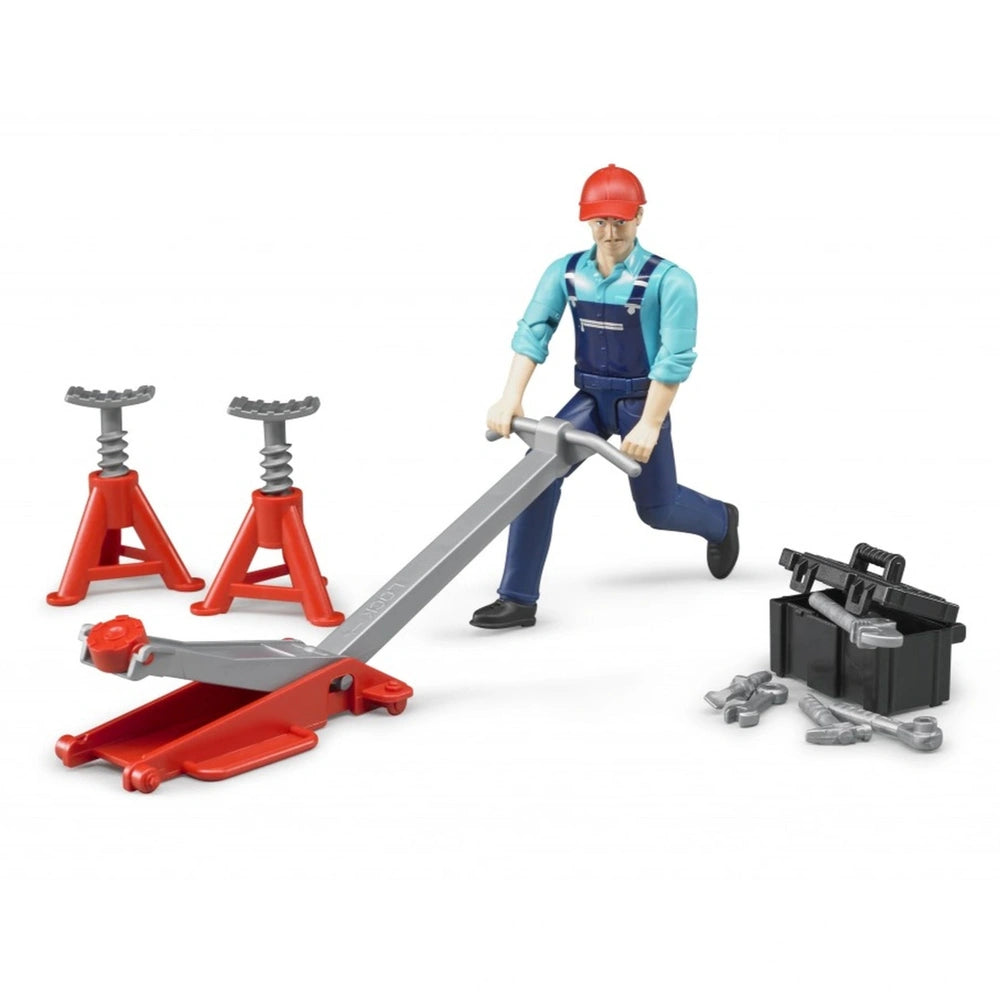 Mechanic figure with red cap and blue overalls using a garage jack, flanked by tools and red jack stands.