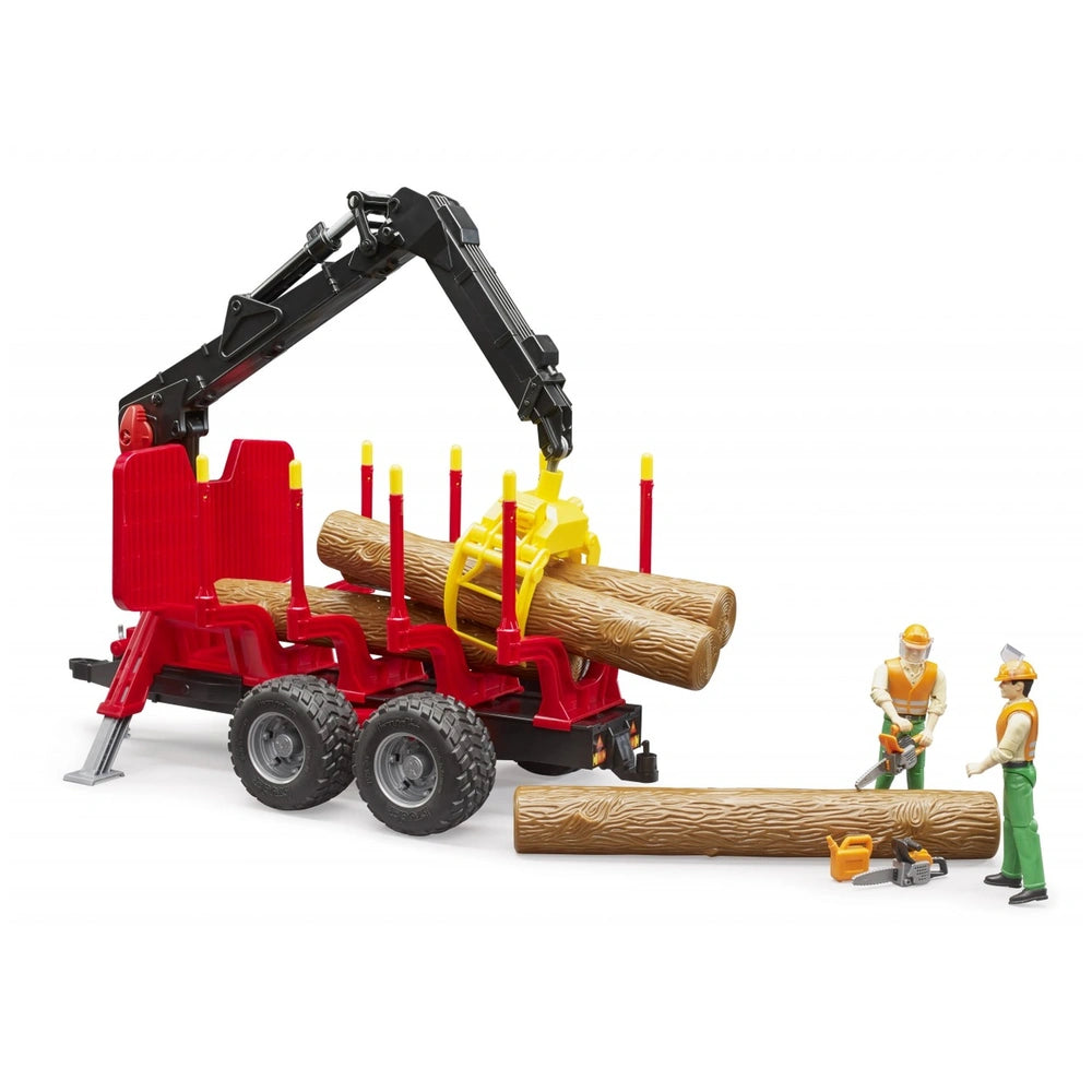 Red forestry trailer toy with loading crane, four wooden logs, and two toy figures in safety gear, simulating logging.