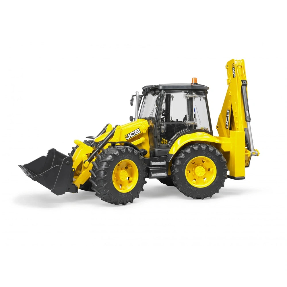 JCB 5CX eco Backhoe Loader toy with realistic yellow and black features, front loader bucket, and rear excavator.