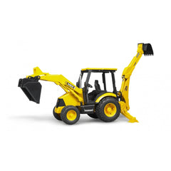 Yellow Bruder JCB MIDI CX Backhoe Loader toy with front bucket and rear excavator arm on display.