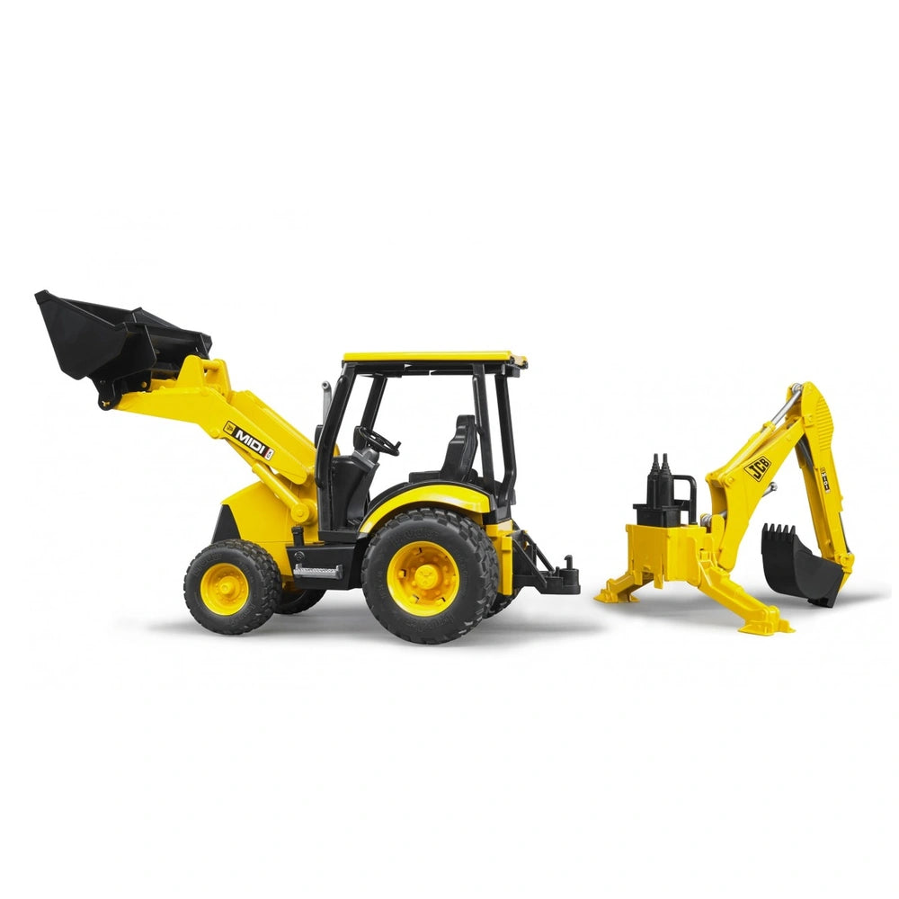 Yellow Bruder JCB MIDI CX Backhoe Loader toy with front loader and rear excavator on white background.