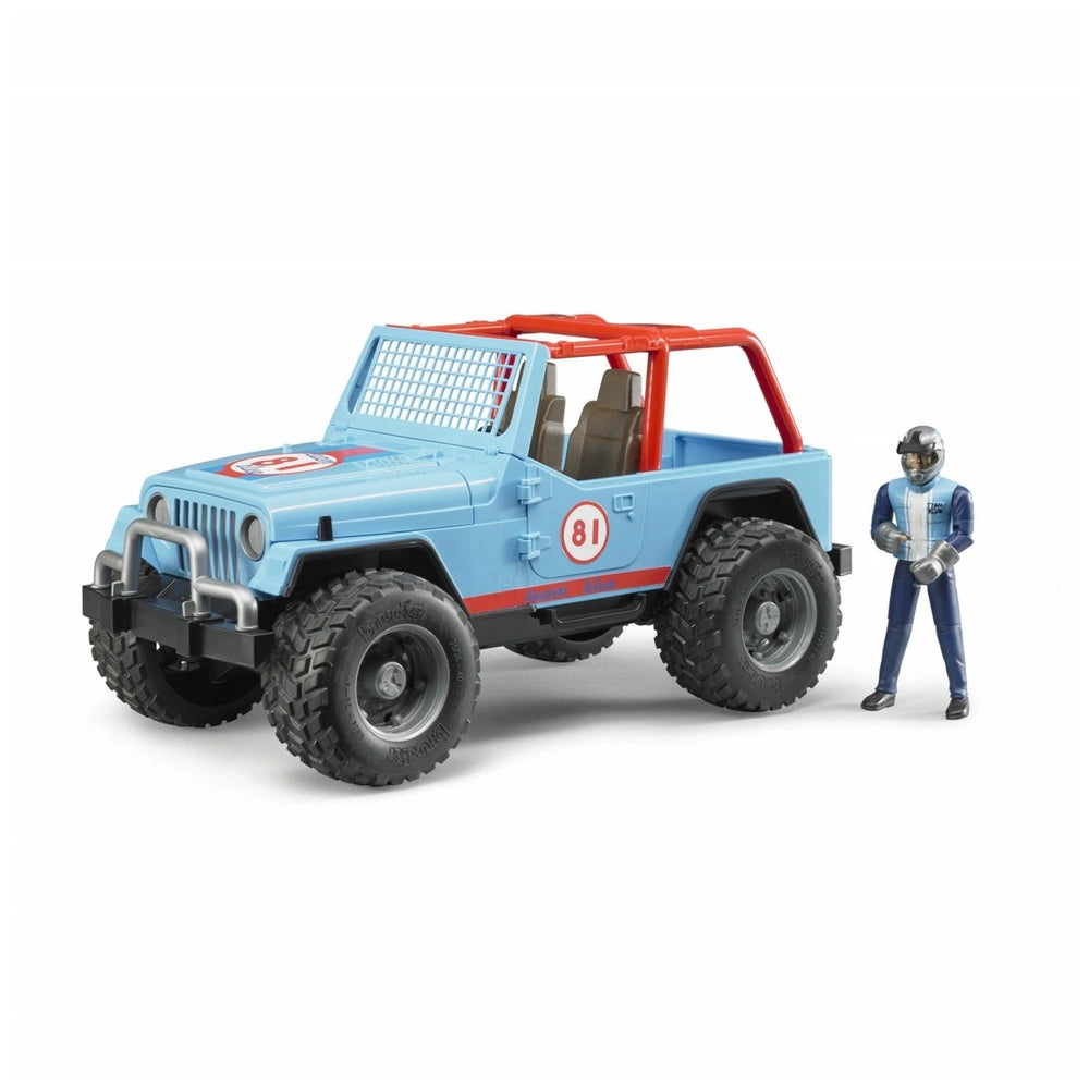 Blue Jeep Cross Country Racer toy with red accents, rugged tires, and driver figurine beside it.