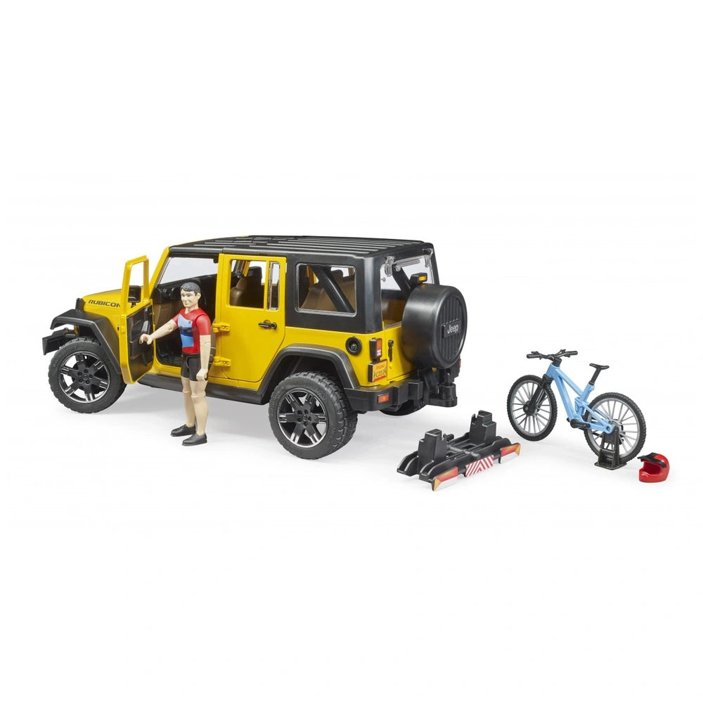 Yellow Jeep Wrangler toy with cyclist figure, blue mountain bike, and red helmet, showcasing outdoor adventure play.