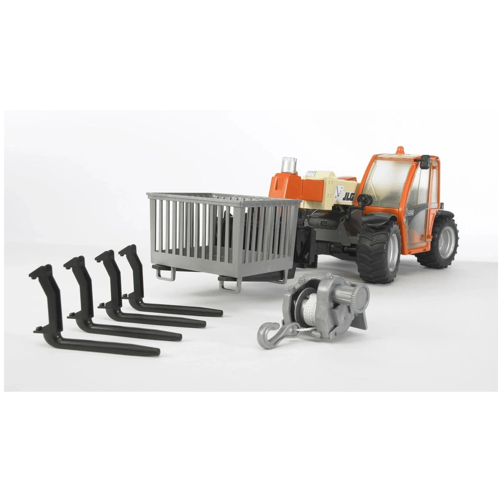 Orange Bruder JLG 2505 Telehandler toy with extendable arm, gray basket, black attachments, and a hook.