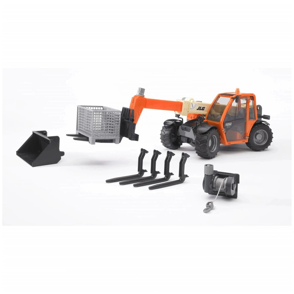 Bruder JLG 2505 Telehandler toy with orange body, extendable arm, basket, and interchangeable parts on white background.