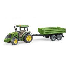 Green John Deere 5115 M toy tractor with tipping trailer, featuring realistic details and detachable front weight.