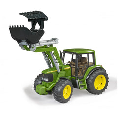 Green Bruder John Deere 6920 toy tractor with front loader raised, featuring steerable wheels and realistic detailing.