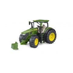 Green Bruder John Deere 7R 350 toy tractor with yellow wheels and an opening engine bonnet on a white background.