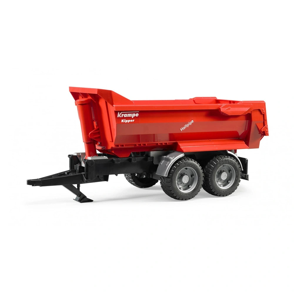 Red Bruder Krampe Tandem Halfpipe Tipping Trailer with black chassis and dual wheels, showcasing realistic detail.