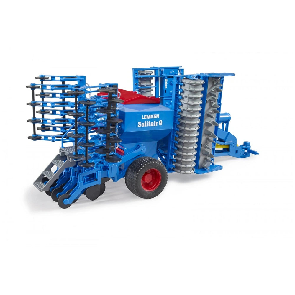 Bruder Lemken Solitair 9 play vehicle, blue and red, detailed 1:16 scale farm toy with realistic sowing mechanism.