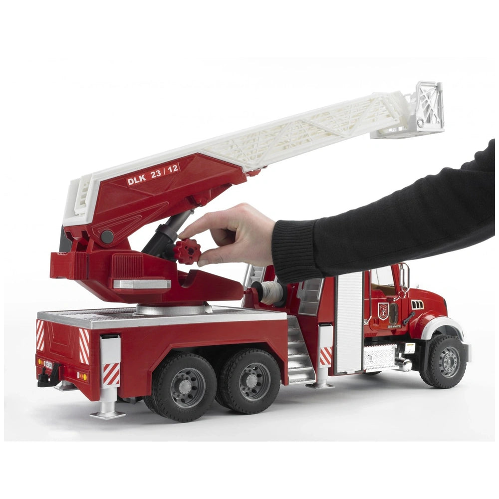 Red Bruder MACK Granite fire engine toy with extendable ladder and movable water pump, adjustable by a hand.