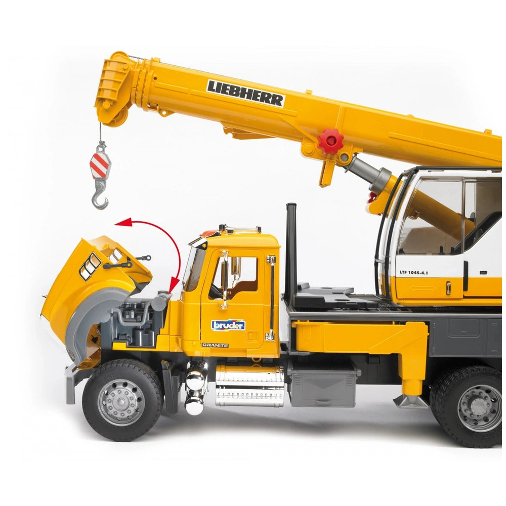 Yellow Bruder Crane Truck with an extendable boom and openable cab, showcasing detailed design and construction features.