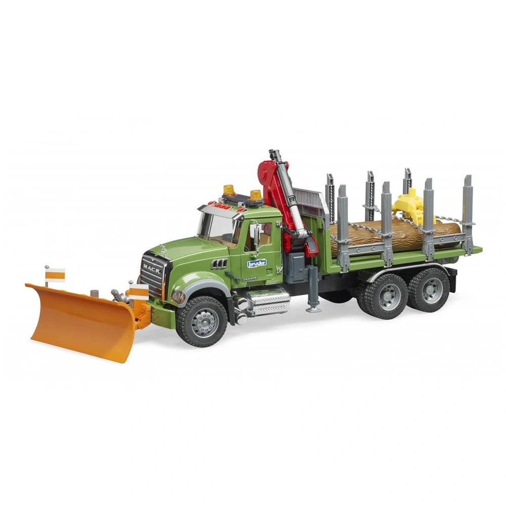Bruder MACK Granite Timber Truck with green cab, orange plow, red crane, and loaded logs on bed.
