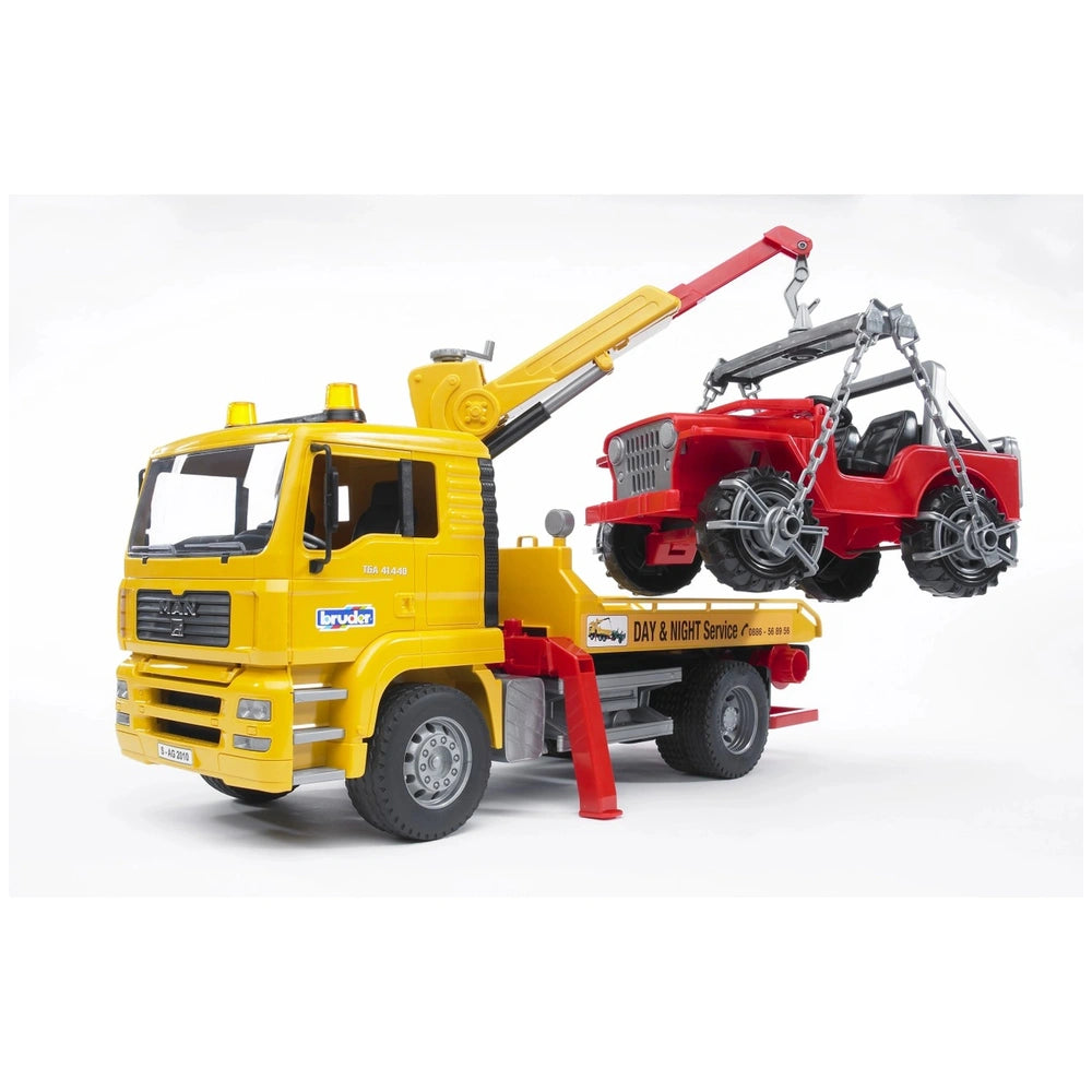 Yellow toy breakdown truck with crane lifting a red off-road vehicle, featuring realistic details and "Day & Night Service" branding.