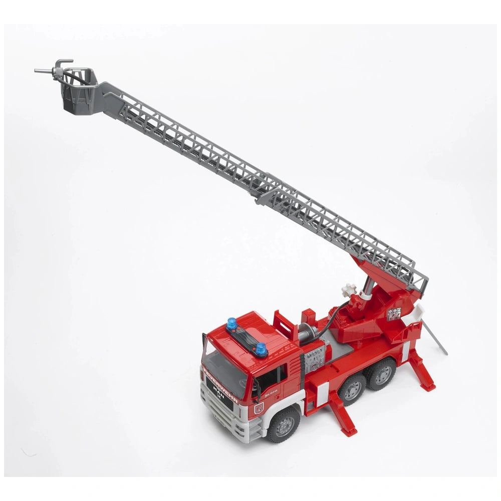 Red fire engine toy with extended silver ladder, blue lights, and detailed features on a white background.