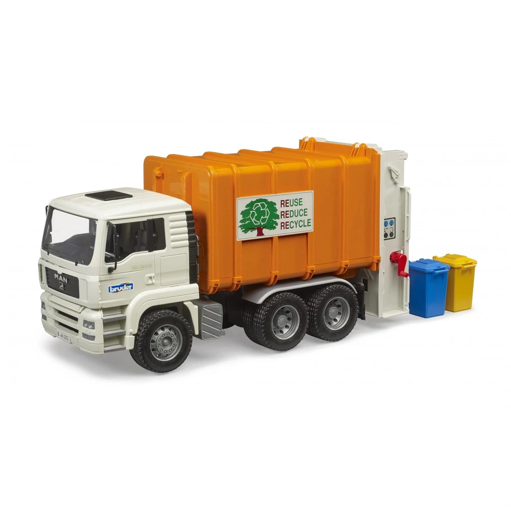 White and orange toy garbage truck with "Reuse Reduce Recycle" sign, featuring rear loading bins in blue and yellow.