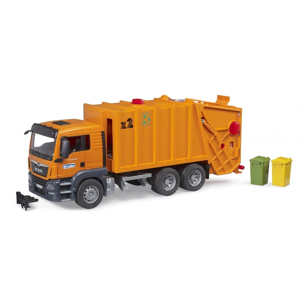 Orange Bruder MAN TGS garbage truck toy with green and yellow bins, showcasing realistic waste management features.