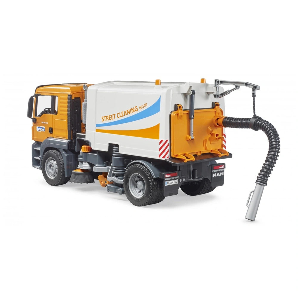 Bruder MAN TGS street sweeper toy in orange and white with functional hose and detailed wheels.