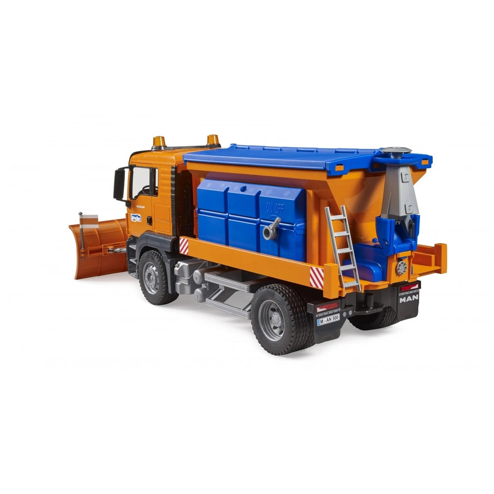 Orange and blue toy snowplow truck with adjustable plough blade and detailed design, viewed from the rear side.