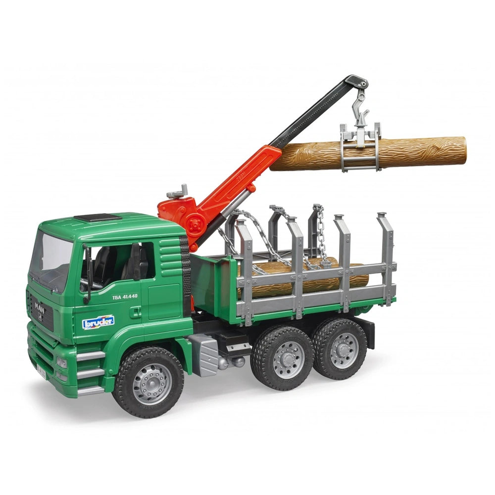 Green Bruder MAN Timber Truck with crane lifting a log, featuring foldable mirrors, chains, and realistic rubber tires.