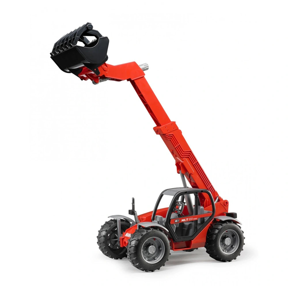 Red Bruder Manitou Telescopic Loader MLT 633 toy with extended arm and black scoop, on white background.