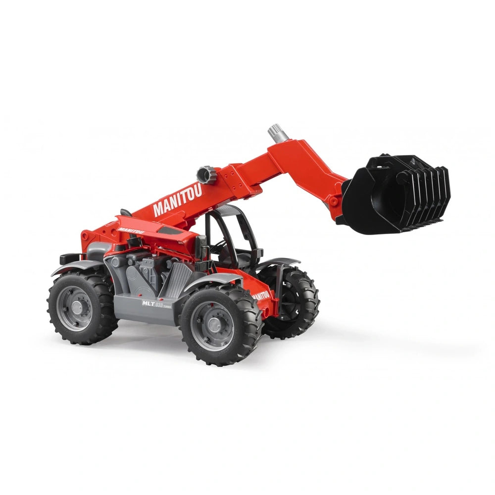 Red Manitou MLT 633 telescopic loader toy with black scoop, realistic detail, and large tires for imaginative play.