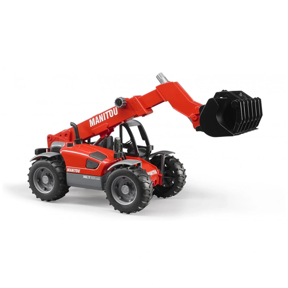 Red Manitou telescopic loader toy with extended arm and black scoop, showcasing realistic construction details.