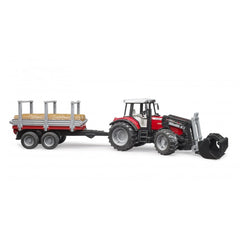Red Massey Ferguson tractor with front loader, towing a timber trailer filled with logs, on a white background.