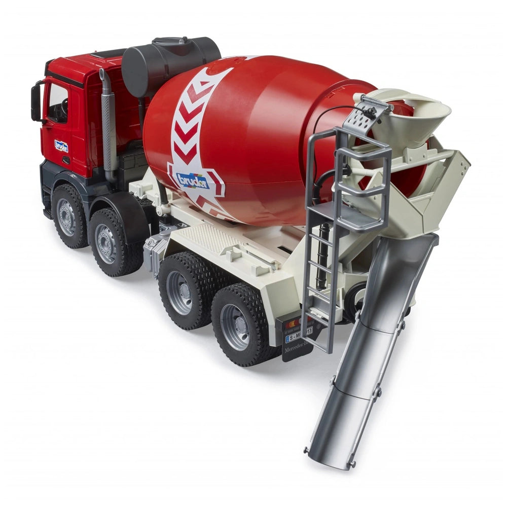 Red Bruder MB Arocs cement mixer toy truck with detailed cabin, silver chute, and black wheels.