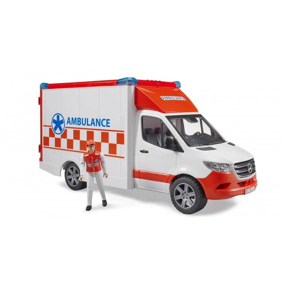 Red and white toy ambulance with driver figure, featuring realistic design and emergency markings.
