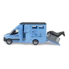 Blue Bruder MB Sprinter toy horse transporter with open ramp and black horse figure exiting, showcasing realistic details.