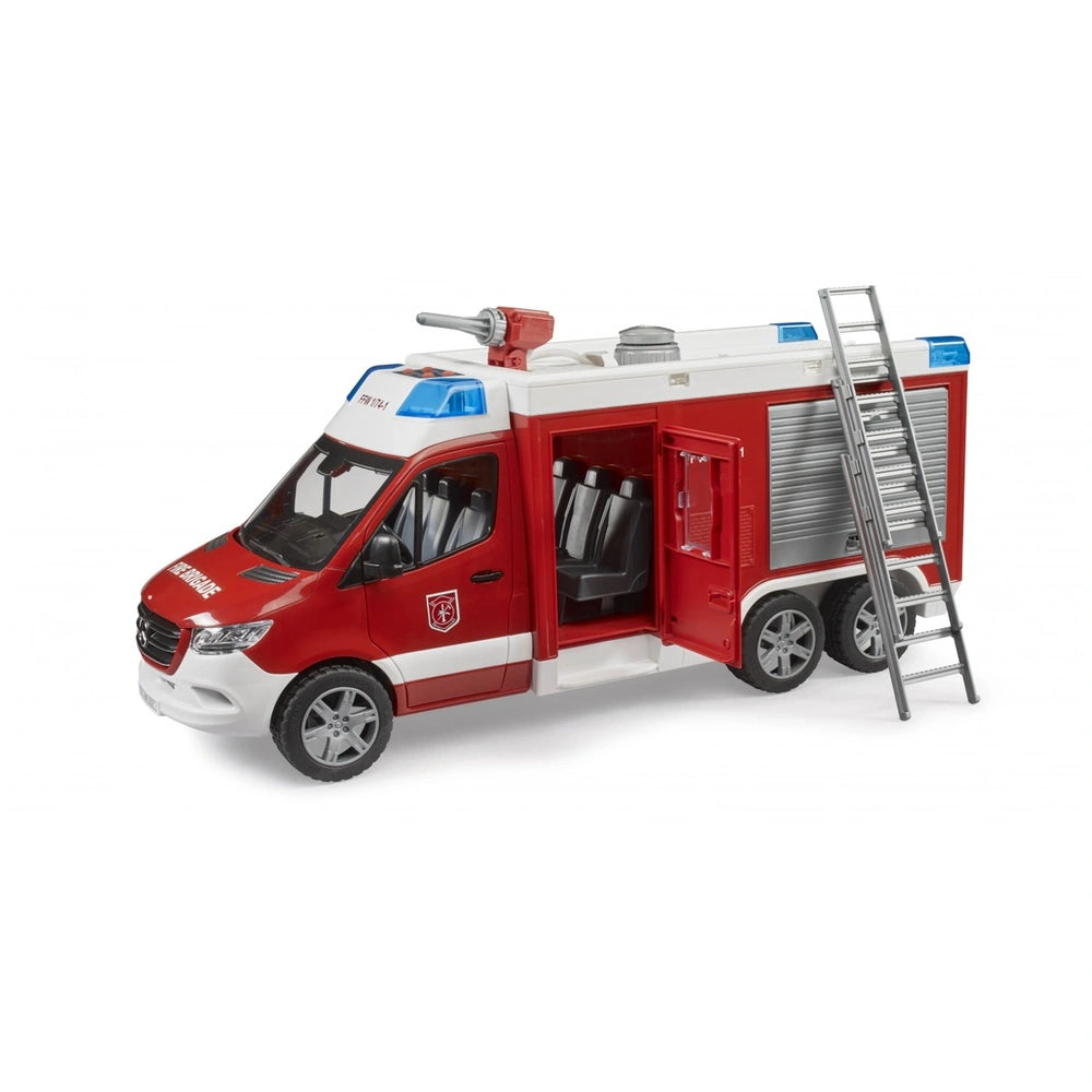 Red and white toy fire rescue vehicle with a side ladder, open driver and rear doors, showcasing detailed interior seats.