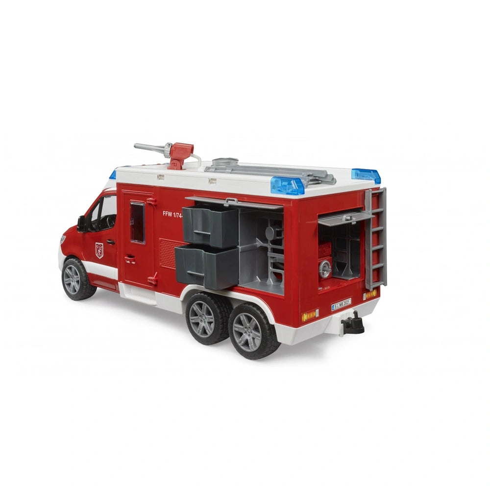 Red toy fire rescue vehicle with blue lights, open storage compartments, and detailed features, inspired by Mercedes Benz Sprinter.