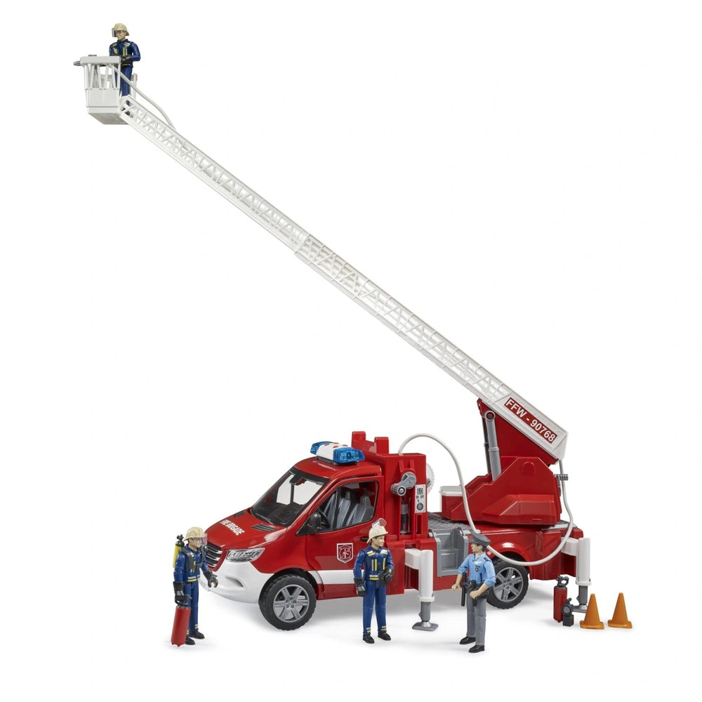 Red toy fire truck with turntable ladder extended, includes four firefighter figures, cones, and equipment.