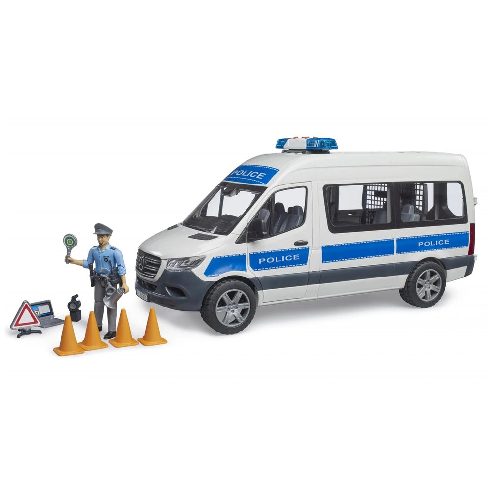 Bruder MB Sprinter police vehicle toy with officer, cones, laptop, and sign, featuring realistic details for imaginative play.