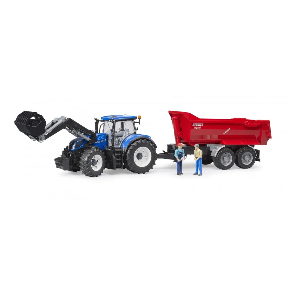 Blue New Holland T7 tractor with front loader, red trailer, and two farmer figurines on white background.