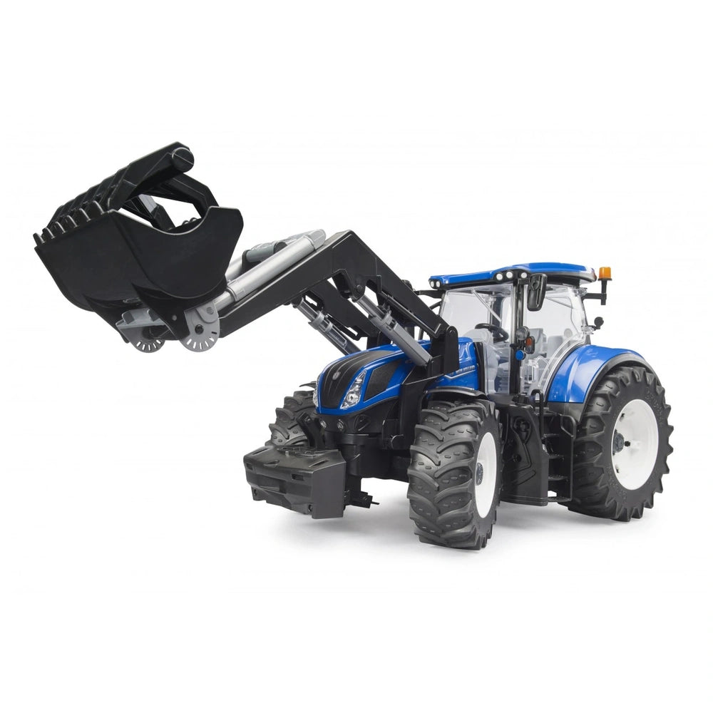 Blue and black toy tractor with slip-on front loader, modeled after New Holland T7.315, 1:16 scale.