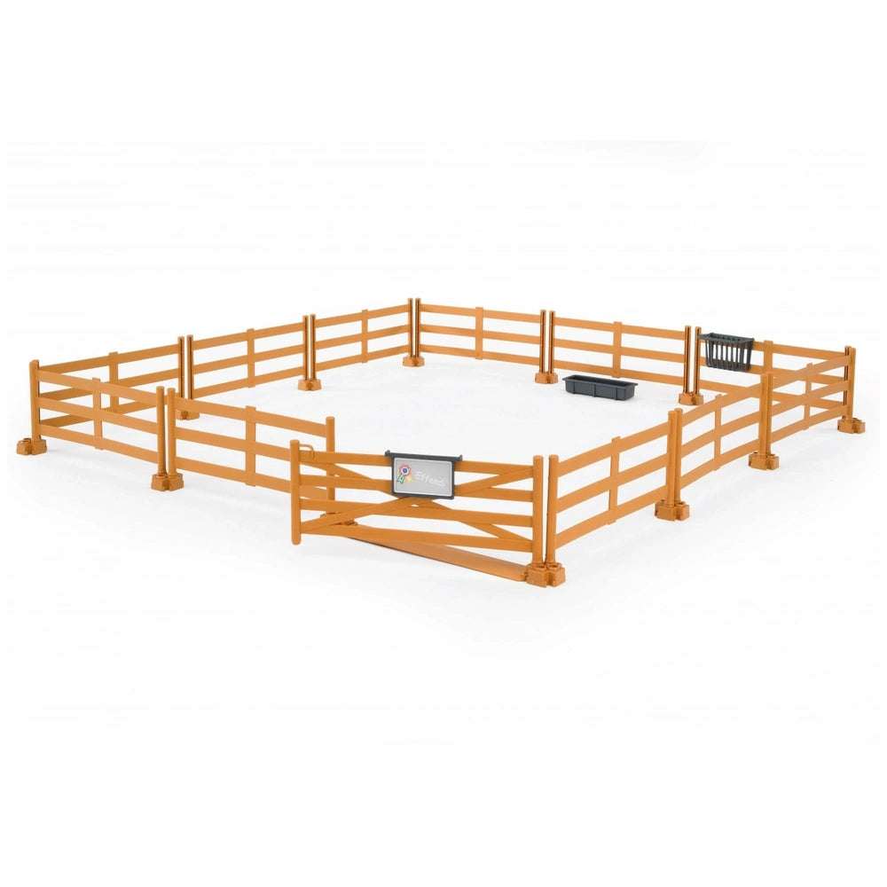 Bruder brown pasture fence set with gate, hay rack, nameplate, and trough on white background.