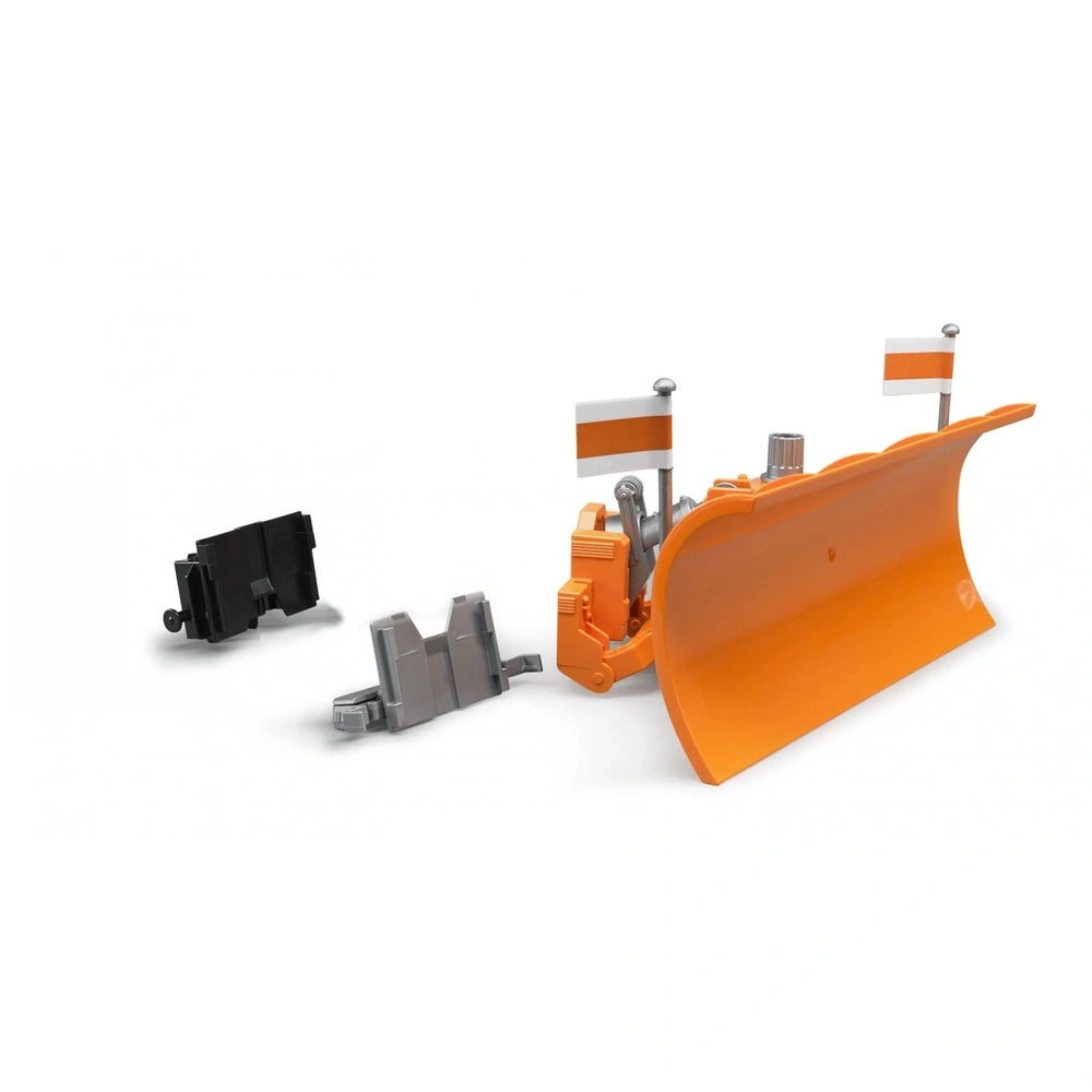 Orange Bruder plow blade for toy trucks, with adjustable height and accessory parts on white background.