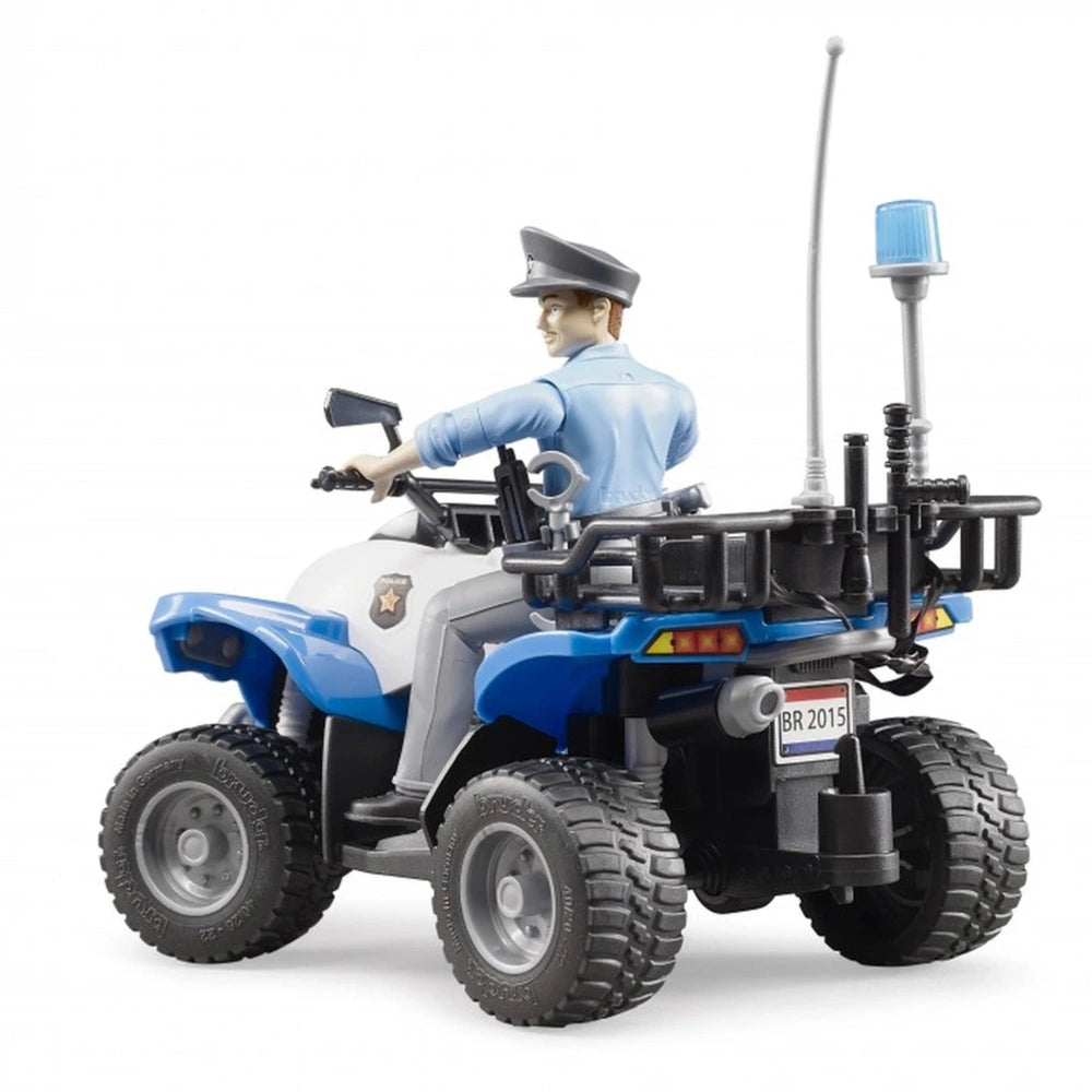 Police officer figure on blue and white quad-bike with rear accessories, realistic off-road tires, and antenna.