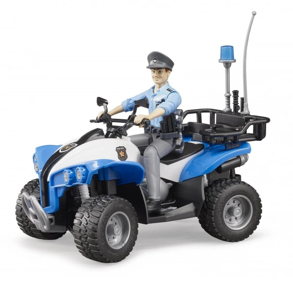 Police officer figure on a blue and white quad bike with antenna and tool holders.