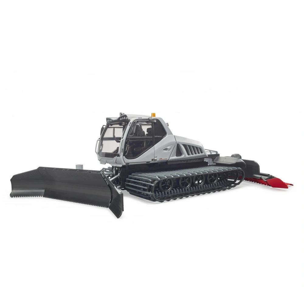 Gray toy snow groomer with tracks, detailed cabin, and vibrant colors, inspired by the Prinoth Leitwolf model.