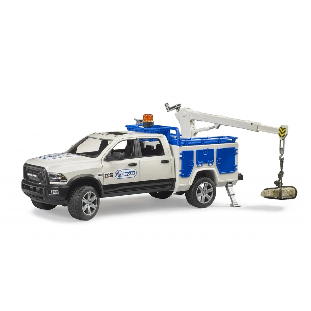 Bruder RAM 2500 Service Truck with blue compartments, crane, and rotating beacon.