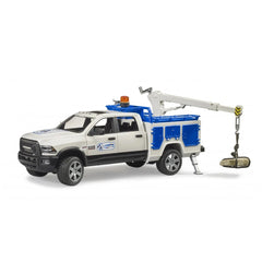 Bruder RAM 2500 Service Truck with blue compartments, crane, and rotating beacon.